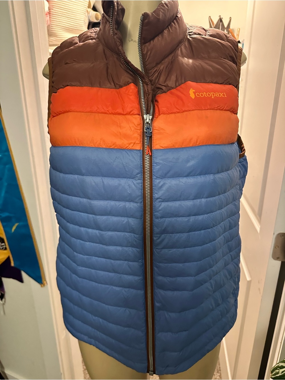 cotopaxi Colorblock Insulated Vest in Blue, Orange & Brown